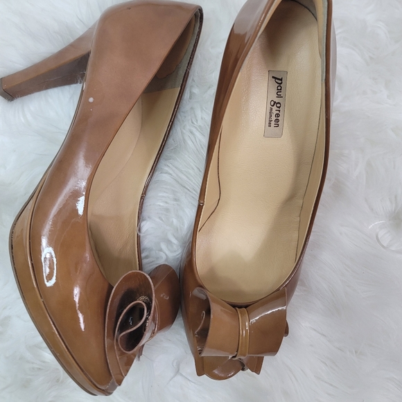 PAUL GREEN BOW OPEN TOE LUGGAGE BROWN PATENT HEEL PUMPS WOMENS SIZE 5.5 - Picture 1 of 16